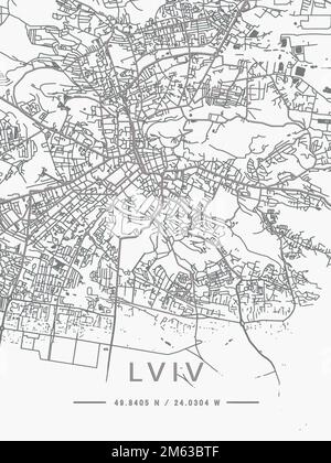Mappa di Ucraina, Lviv, contorni della città, frontiere, città importanti, fiumi e laghi. layout e ridimensionamento. Latitudine e longitudine. Piano urbano. Foto di alta qualità Foto Stock