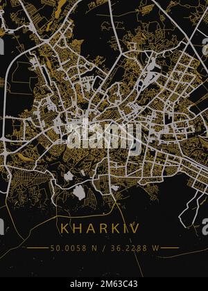 Mappa di Ucraina, Kharkov, contorni della città, frontiere, città importanti, fiumi e laghi. layout e ridimensionamento. Latitudine e longitudine. Piano urbano. Foto di alta qualità Foto Stock
