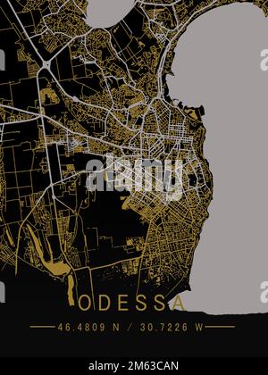 Mappa di Ucraina, Odessa, contorni della città, frontiere, città importanti, fiumi e laghi. layout e ridimensionamento. Latitudine e longitudine. Piano urbano. Foto di alta qualità Foto Stock