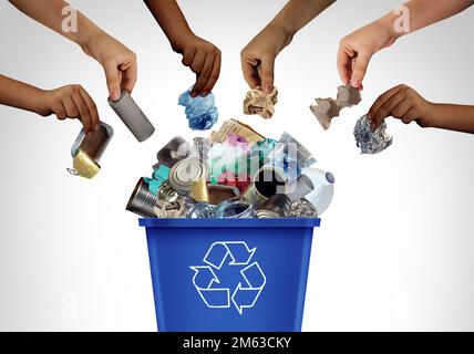 Community Recycling as a Blue Recycling Bin per riciclare rifiuti e rifiuti come gestione di articoli riutilizzabili, come la vecchia carta di vetro metallo e plastica gettati Foto Stock