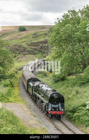 Treno a vapore sulla North Yorkshire Moors Railway, Regno Unito. Treno d'epoca che tira carrozze attraverso la campagna dello Yorkshire tra Whitby e Pickering Foto Stock