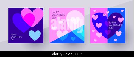 Modelli di post del giorno di San Valentino felice per i social media. Illustrazione vettoriale vivace e colorata con simboli a forma di cuore. Illustrazione Vettoriale