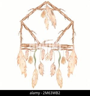 Watercolor decorazione bohemian dreamcatcher, boho piume decorazione, native sogno chic design, mistero etnico tribale stampa, cultura americana design, Foto Stock