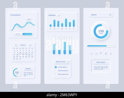 Kit interfaccia utente grafico del neumorphism e grafico. Illustrazione vettoriale dell'interfaccia utente dell'app, menu del sito Web del modello mobile Illustrazione Vettoriale