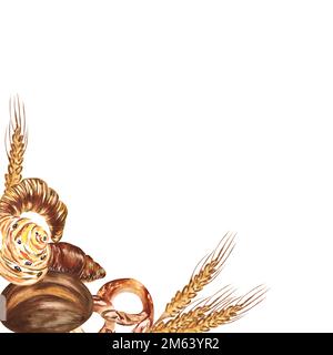 Acquerello di prodotti da forno. Disegno raster realizzato a mano. Può essere utilizzato su tovaglioli, cartoline, panetteria pubblicità. Foto Stock