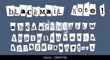 Blackmail nota giornale taglio lettere vettore. Carattere di lettera di riscatto criminale. Illustrazione Vettoriale