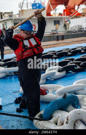 220330-N-SI601-1177 YOKOSUKA, Giappone (30 marzo 2022) Boatswain’s Mate 3rd Class Curtis Moran, di Houston, un Sailor assegnato agli Stati Uniti L’unica portaerei della Marina schierata a termine USS Ronald Reagan (CVN 76), martella una spina di piombo per fissare un perno a un collegamento staccabile sull’ancoraggio a dritta della nave. Ronald Reagan, il fiore all'occhiello del Carrier Strike Group 5, fornisce una forza pronta per il combattimento che protegge e difende gli Stati Uniti, e sostiene alleanze, partnership e interessi marittimi collettivi nella regione del Pacifico. Foto Stock