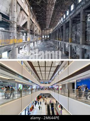 (230102) -- TANGJIN, 2 gennaio 2023 (Xinhua) -- Questa foto combinata mostra un file fotografico che mostra l'interno dell'ex centrale termoelettrica di Tianjin n° 1 (in alto) e una foto scattata il 1 gennaio 2023 che mostra l'interno di un grande complesso commerciale trasformato dall'impianto di Tianjin, nel nord della Cina. La centrale termica No.1 di Tianjin, fondata nel 1937, è stata chiusa il 18 novembre 2011. Dopo anni di lavori di trasformazione, un grande complesso commerciale, che ha conservato la struttura spaziale originale dei vecchi edifici dell'impianto aggiungendo elementi moderni, è emerso dal sito dell'impianto e si è aperto a. Foto Stock