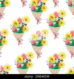 Bouquet di fiori diversi senza cuciture motivo. Stampa floreale Vector beige in stile piatto Illustrazione Vettoriale