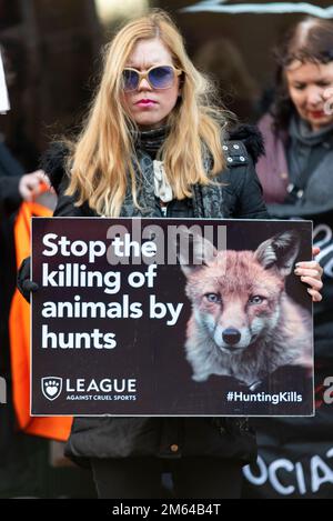 High Street, Maldon, Essex, Regno Unito. 2nd Jan, 2023. L'Essex con Farmers & Union Hunt sfilò cavalli e cani lungo Maldon High Street per il loro incontro annuale di Capodanno. Tifosi e azione contro i manifestanti anti di caccia Foxhunting hanno partecipato all'evento Foto Stock