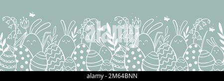 Carino disegno a mano Pasqua orizzontale senza cuciture con conigli, fiori, uova di pasqua, bello sfondo, grande per carte di Pasqua, banner, tessuti, Illustrazione Vettoriale