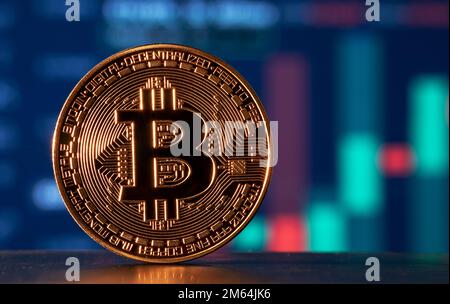 Bitcoin moneta in oro e sfocati sullo sfondo del grafico. Virtual cryptocurrency concept Foto Stock