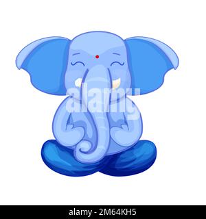 Ganesha dio carino carattere lotus posa, meditazione in stile cartone animato isolato su sfondo bianco. Idol, statua spirituale. Illustrazione vettoriale Illustrazione Vettoriale