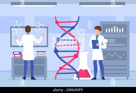 Scena della genomica . Gli scienziati stanno facendo ricerche in laboratorio . Concetto di terapia genomica . Design piatto . Vettore . Illustrazione Vettoriale