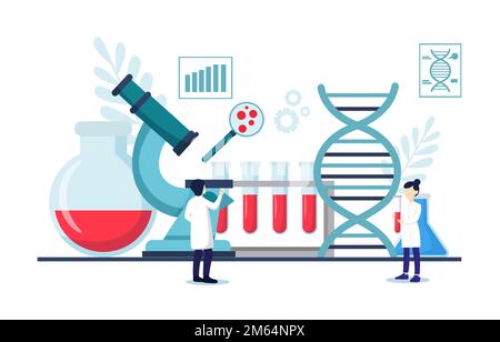 Scena della genomica . Gli scienziati stanno facendo ricerche in laboratorio . Concetto di terapia genomica . Design piatto . Vettore . Illustrazione Vettoriale
