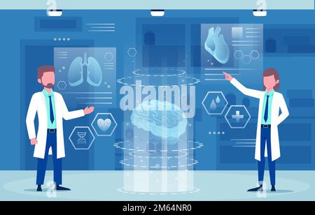 Scena olografica medica . Il medico è diagnosticato dalla tecnologia di salute con la scansione del corpo del paziente. Concetto di realtà aumentata . Vettore . Illustrazione Vettoriale