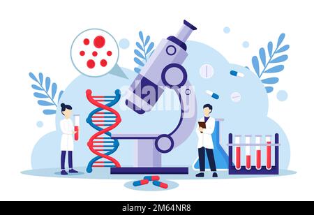 Scena della genomica . Gli scienziati stanno facendo ricerche in laboratorio . Concetto di terapia genomica . Design piatto . Vettore . Illustrazione Vettoriale