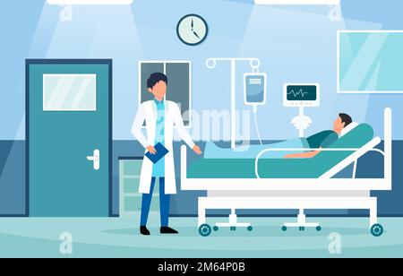 Reparto di degenza con caratteri del medico e del paziente . Scena ospedaliera . Design piatto . Vettore . Illustrazione Vettoriale