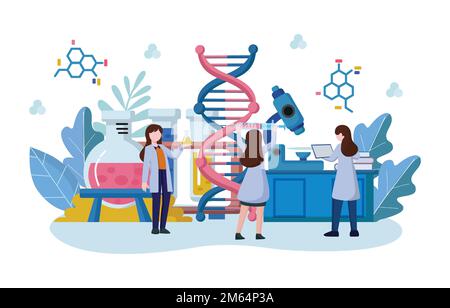 Scena della genomica . Gli scienziati stanno facendo ricerche in laboratorio . Concetto di terapia genomica . Design piatto . Vettore . Illustrazione Vettoriale