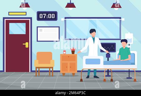 Reparto di degenza con caratteri del medico e del paziente . Scena ospedaliera . Design piatto . Vettore . Illustrazione Vettoriale