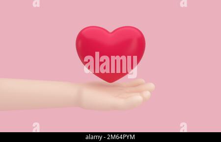 Un cuore a portata di mano su sfondo rosa per felice madre o San Valentino biglietto di auguri design. 3D Illustrazione. Foto Stock
