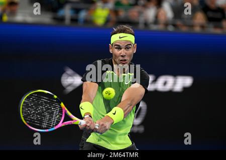 Sydney, Australia. 2nd gennaio 2023; Ken Rosewall Arena, Sydney, NSW, Australia: United Cup Tennis, Day 5, Spagna contro Australia; Alex de Minaur dell'Australia ha fatto il suo ritorno su Rafael Nadal della Spagna Credit: Action Plus Sports Images/Alamy Live News Foto Stock