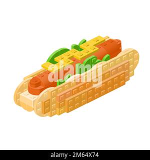 Hot dog assemblato da blocchi di plastica e mattoni in isometria. clipart del vettore Illustrazione Vettoriale