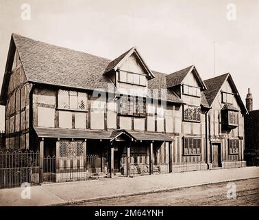 Luogo di nascita di William Shakespeare - Foto d'antiquariato (1890s) - Henley Street, Stratford-upon-Avon, Inghilterra Foto Stock