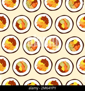 Street food coreano senza cuciture modello. Involtini di riso Gimbap con ripieni diversi. Spuntini asiatici tradizionali. Carino doodle sfondo. Illustrazione vettoriale. Illustrazione Vettoriale