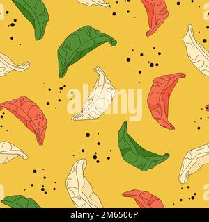 Gyoza colorata con salsa di soia spruzza senza cuciture. Gnocchi asiatici fritti. . Tradizionale giapponese e cinese fast food sfondo. Illlust vettoriale Illustrazione Vettoriale