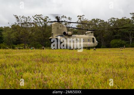 Hawaii Army National Guard Soldiers of Bravo Battery, 1st battaglione, 487th Field Artillery Regiment, 29th Fantery Brigade Combat Team conduce la sicurezza intorno al CH-47 Chinook presso Schofield Barracks, Hawaii, 2 aprile 2022. L'esercitazione è stata una formazione congiunta fra l'artiglieria di campo 487th e l'azienda B, 2nd battaglione, 211th reggimento dell'aviazione, 103rd comando della truppa. Foto Stock