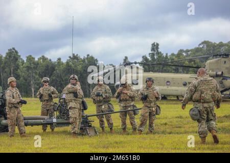 I soldati della Guardia Nazionale dell'Esercito delle Hawaii assegnati a Bravo Battery, 1st battaglione, 487th reggimento dell'artiglieria, 29th squadra di combattimento della Brigata della Fanteria, si preparano a condurre una chiamata per un incendio indiretto alle caserme di Schofield, Hawaii, 2 aprile 2022. Il reggimento artiglieria del 487th ha condotto una formazione sul carico di imbracatura con la Società B, 2nd battaglione, 211th reggimento dell'aviazione, 103rd comando di truppa per allenarsi regolarmente per migliorare la preparazione al combattimento simulando l'inserimento tattico e l'estrazione delle risorse di artiglieria sul campo. Foto Stock