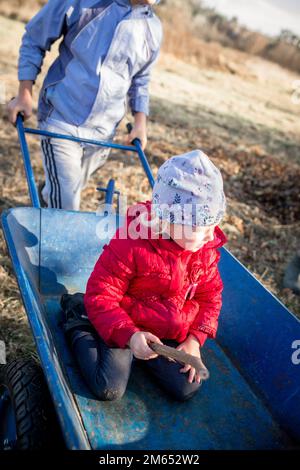 Una bambina in un carrello da giardino blu. Fratello e sorella si divertono mentre preparano il giardino Foto Stock