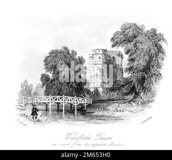 Un'incisione della Wainfletes Tower vista dall'opposto Meadow (Wayneflete Tower) Surrey scansionata ad alta risoluzione da un libro stampato nel 1850. Foto Stock