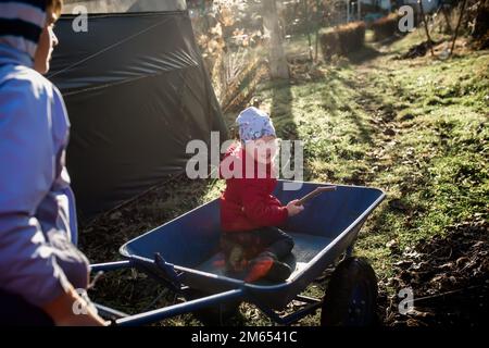 Una bambina in un carrello da giardino blu. Fratello e sorella si divertono mentre preparano il giardino Foto Stock