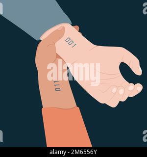 Due mani tatuate con numeri o indici sul polso. La mano con il codice undici tiene e, per così dire, apre il polso dell'altra mano con Illustrazione Vettoriale