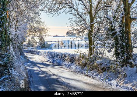 Neve d'inizio inverno su una corsia vicino al villaggio Cotswold di Birdlip, Gloucestershire, Inghilterra UK Foto Stock
