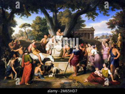Aesop (620–564 a.C.). Dipinto intitolato 'Aesop tell His Fables' di Johann Michael Wittmer (1802-1880), olio su tela, 1879 Foto Stock