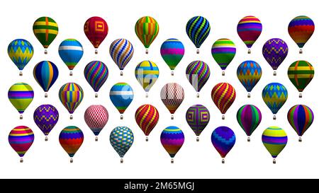 Vista frontale di un gruppo di palloncini ad aria calda con colori vivaci e disegni geometrici che galleggiano su sfondo bianco. 3D Illustrazione Foto Stock