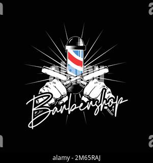 Modello con logo Barber pole. Adatto per barbiere, salone di bellezza o segnaletica. Illustrazione Vettoriale