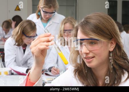 Ragazza che controlla una provetta durante una lezione di chimica pratica, Paesi Bassi Foto Stock