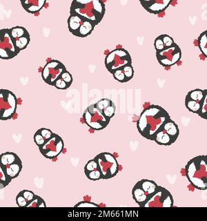 Modello vettoriale senza cuciture con pinguini e cuori carini. Illustrazione Vettoriale