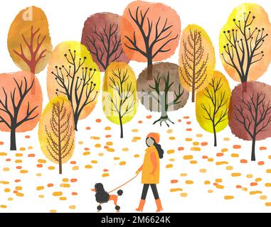 Paesaggio autunnale. Illustrazione vettoriale acquerello di parco autunnale e donna che cammina con un cane Illustrazione Vettoriale