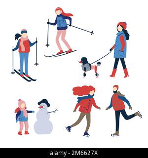 Set di attività invernali. Persone coinvolte nello sport invernale. Illustrazione vettoriale dello skater, dello sciatore, del bambino di gioco Illustrazione Vettoriale