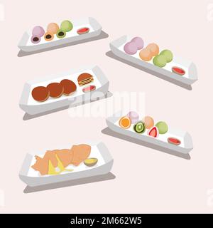 Cibo di cucina nazionale giapponese. Dolci giapponesi mochi, tayaki e dorayaki. Illustrazione vettoriale. Illustrazione Vettoriale