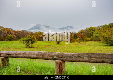 Old Rag Mountain da Skyline Drive in un Foggy Day, Shenandoah National Park Virginia USA, Virginia Foto Stock