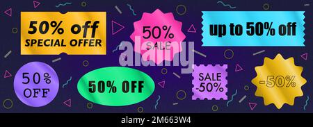 Confezione di adesivi. Sconto del 50%. Adesivi in carta staccati. Illustrazione Vettoriale