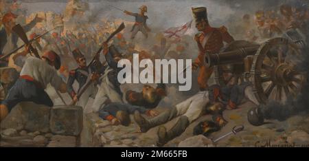 Guerra Peninsulare (1808-1814). Terzo assedio di Gerona (dal 6 maggio al 12 dicembre 1809). La città fu assediata per sette mesi sotto il comando del generale Alvarez de Castro. Capitolò il 12 dicembre 1809. Difesa della Torre Gironella. Olio su tela di Cristobal Montserrat y Jorba (1866-1935), 1919. Museo dell'esercito. Toledo, Spagna. Foto Stock
