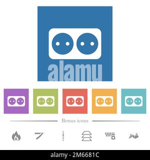 Presa elettrica con due prese icone bianche piatte piene su sfondo quadrato. 6 icone bonus incluse. Illustrazione Vettoriale