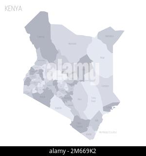 Kenya mappa politica delle divisioni amministrative - contee. Mappa vettoriale dei grigi con etichette. Illustrazione Vettoriale